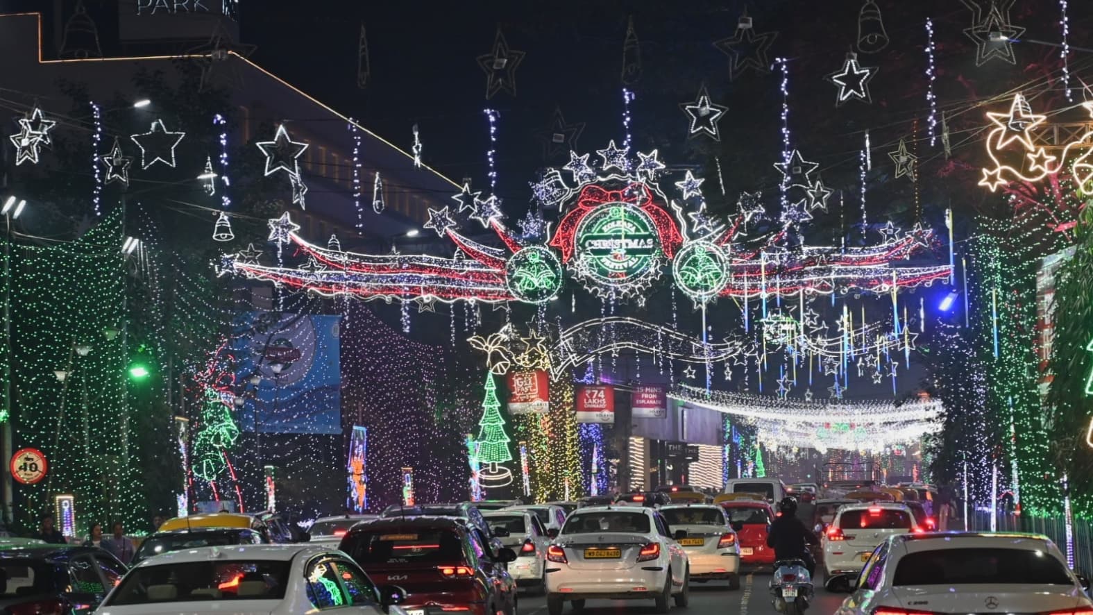 <p>Park Street glowing with festive lights and decorations for Christmas celebrations.</p>
