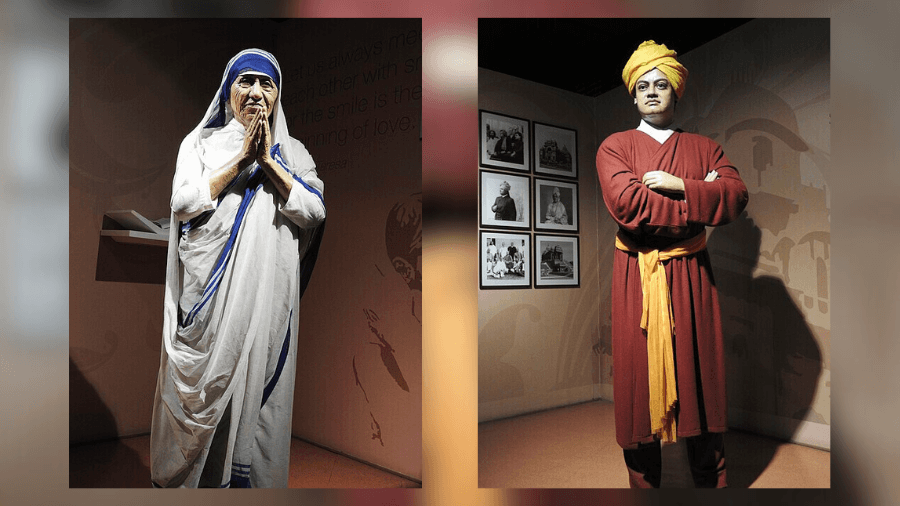 <p>Compassion meets enlightenment — Bengal's beloved icons, Mother Teresa and Swami Vivekananda, brought to life in wax. (Picture by Yercaud-elango, Wikimedia Commons)</p>