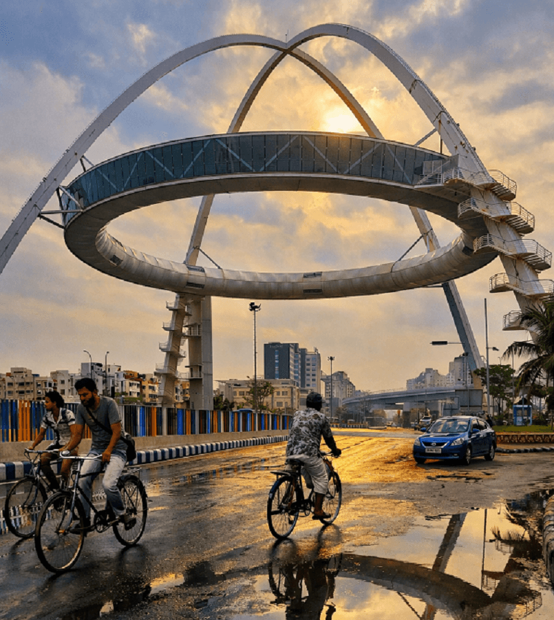 <p>With landmarks like the Biswa Bangla Gate just a pedal away, cycling offers a scenic and sustainable way to get around. (Edited picture by Dibakar Roy is for illustration purposes only, Pexels)</p>