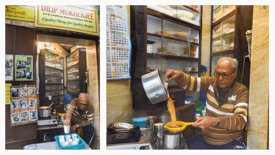 <p>Dilip Mukherjee pours condensed milk into Darjeeling tea at his Southern Avenue stall, perfecting a blend he's mastered over 40 years.</p>