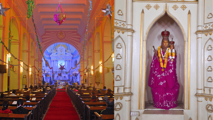 <p>The interior of the Portuguese Church (left) and Mother Mary’s statue draped in a sari donated by devotees. (Pictures by Rangan Datta)</p>