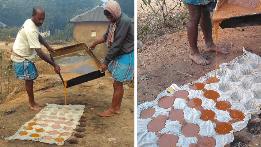 <p>The thickened jaggery is poured into these pits and left to solidify.</p>