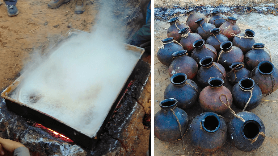 <p>The steaming metal trays and the clay pots which collect the sap.</p>