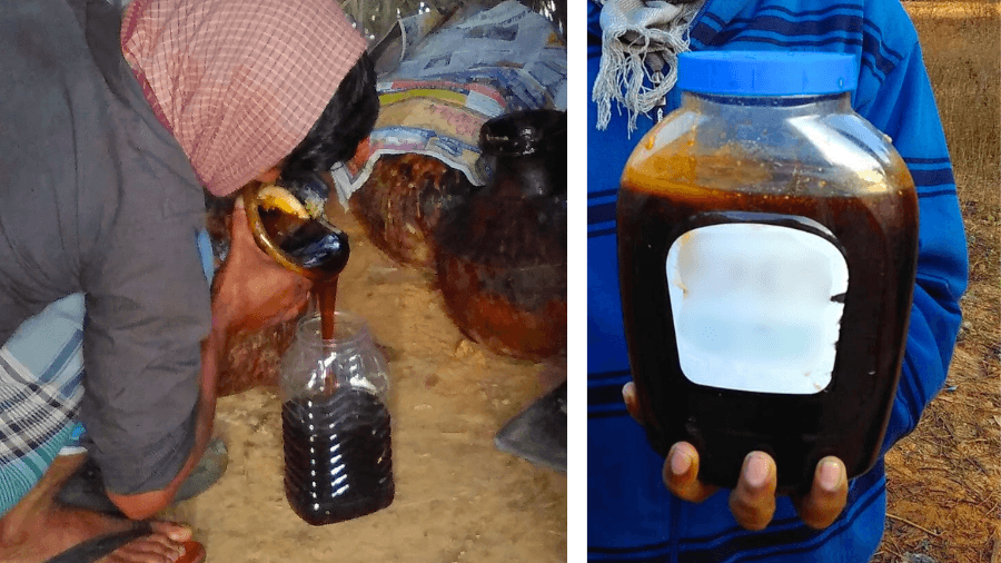 <p>Jhola gur is poured into containers and sold to customers.&nbsp;</p>