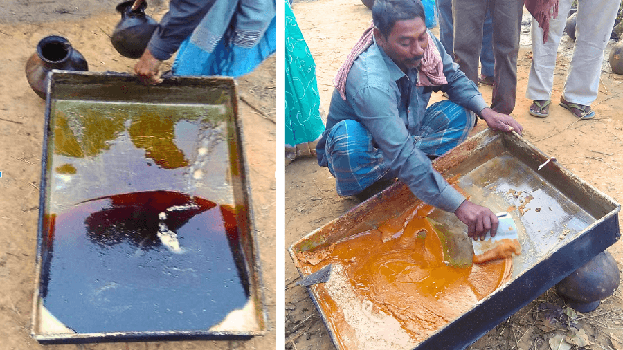 <p>Jhola gur is taken away first for selling; the jaggery is further cooled by moving it around with a metal scraper.</p>