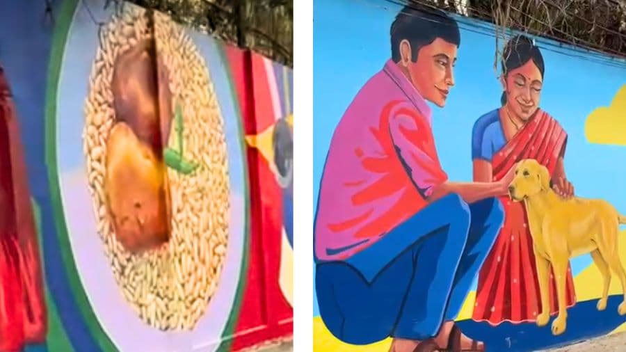 <p>Panels depicting a bowl of muri (puffed rice) with alu (potato) and kancha lonka (green chilli) — the holy trifecta of Bengali evening snack — and Kolkata's love for strays.</p>