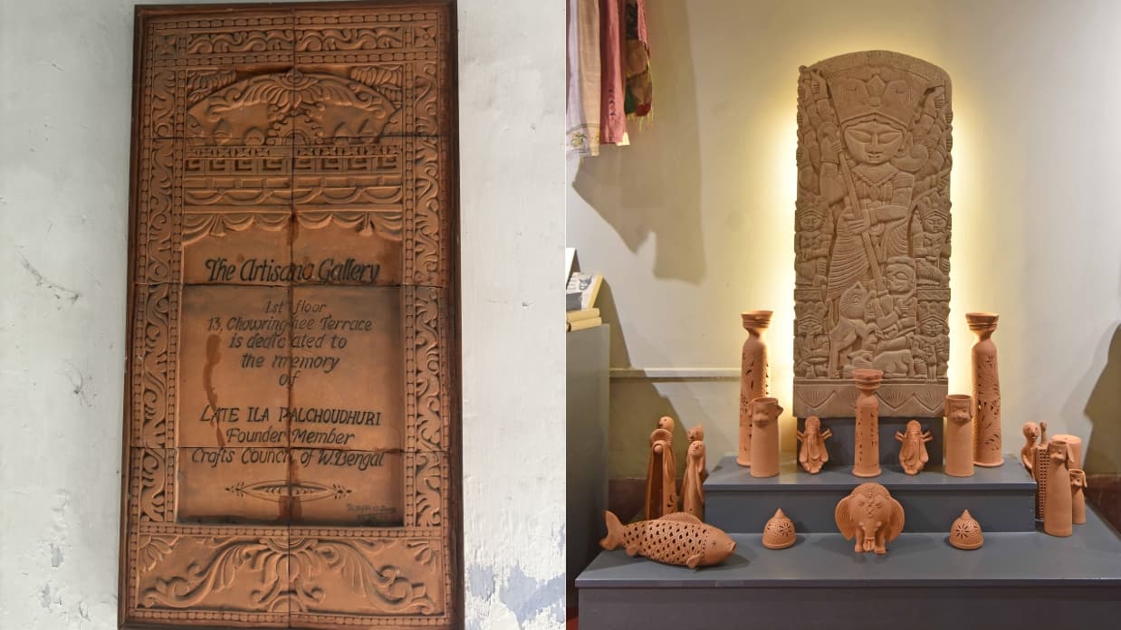 <p>(left) A beautiful terracotta plaque at the entrance honours the memory of founding member Ila Palchoudhuri; (right) Intricate terracotta artworks displayed throughout the store.</p>
